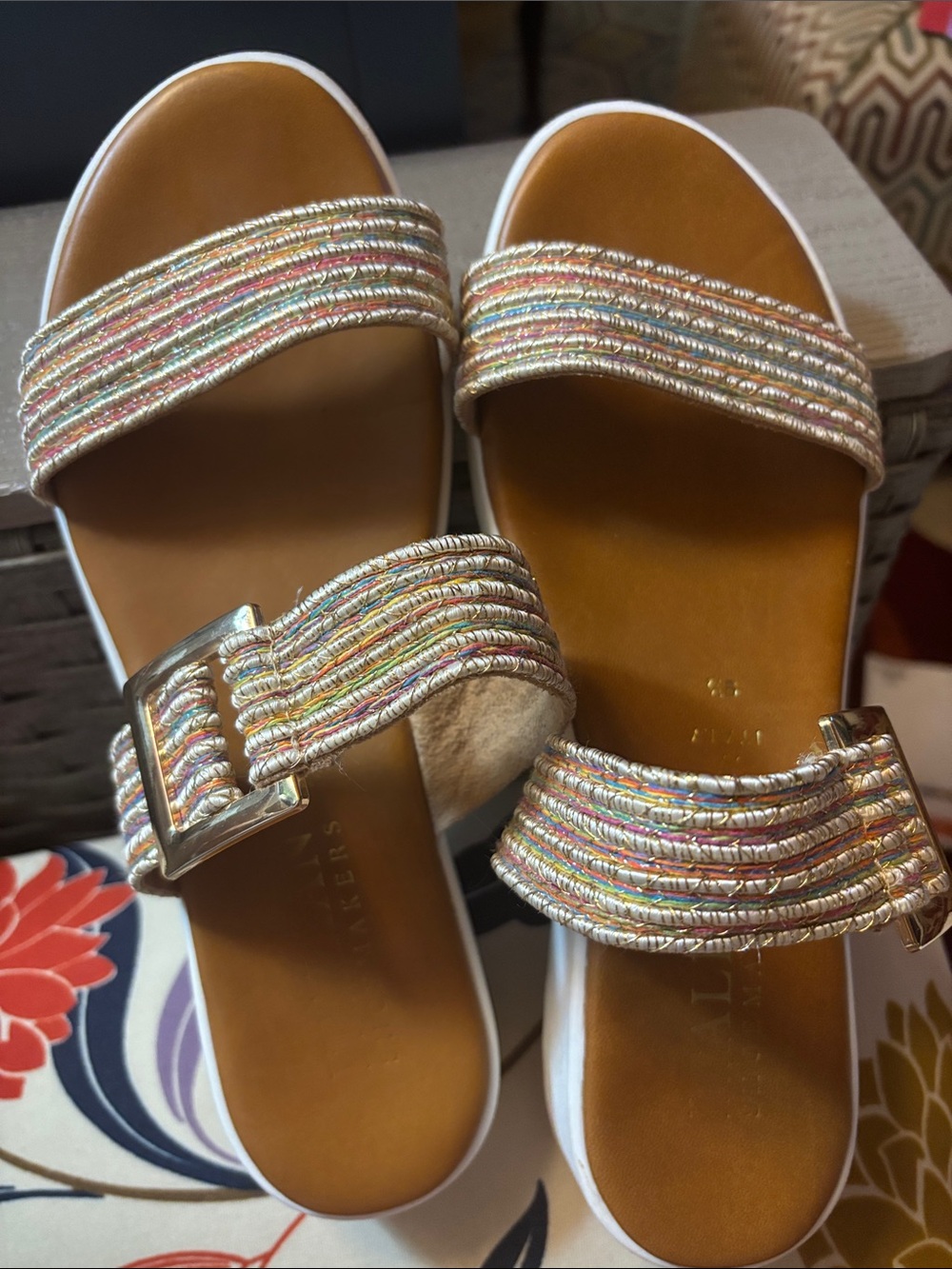 Italian Sandals, Tan and Multicolor Woven Slide. Comfortable cushioned soles.